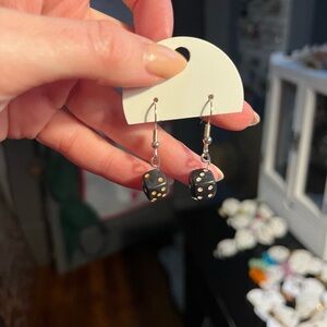 Handmade Black Dice Drop Earrings with Mismatched Pips - Orange and Pink